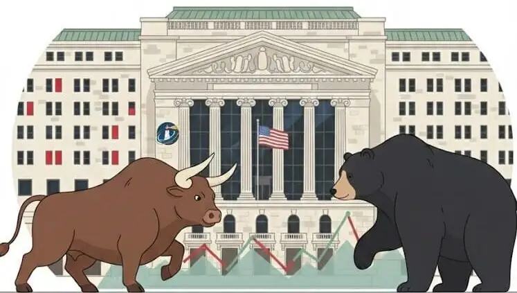 Illustration d'un marché boursier avec un taureau et un ours devant un bâtiment de style néoclassique avec le drapeau américain. Le titre est "INVESTIR POUR PARTIR"