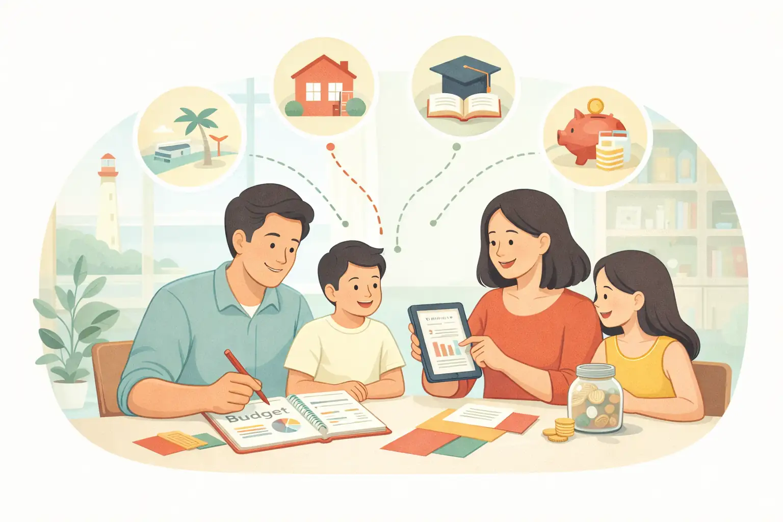 Illustration flat design d’une famille planifiant son budget à la maison avec pictogrammes de dépenses