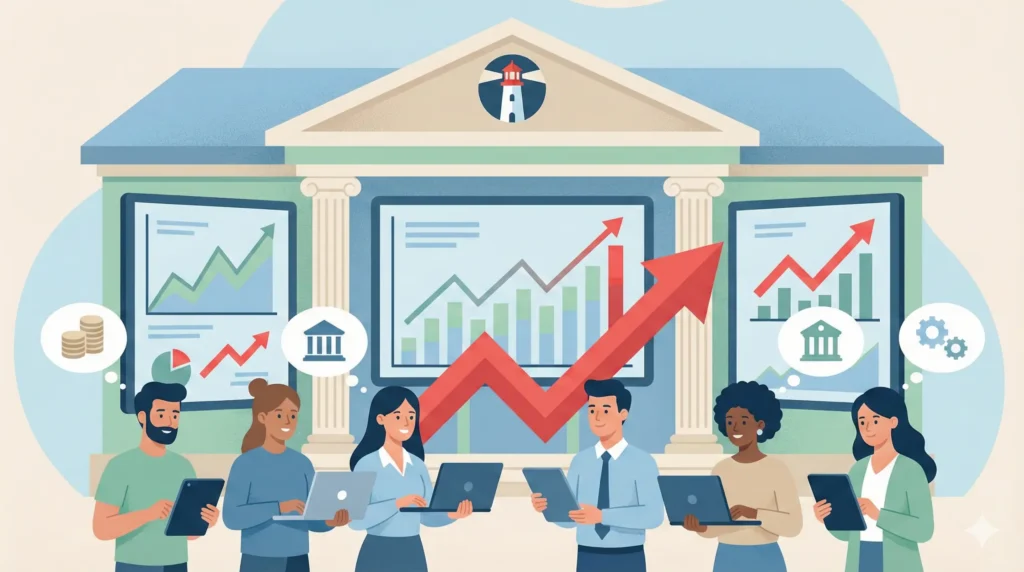 Illustration flat design représentant des personnes investissant en bourse devant un bâtiment financier, avec des graphiques de croissance et une flèche rouge. Un phare rouge et blanc est intégré au fronton du bâtiment.