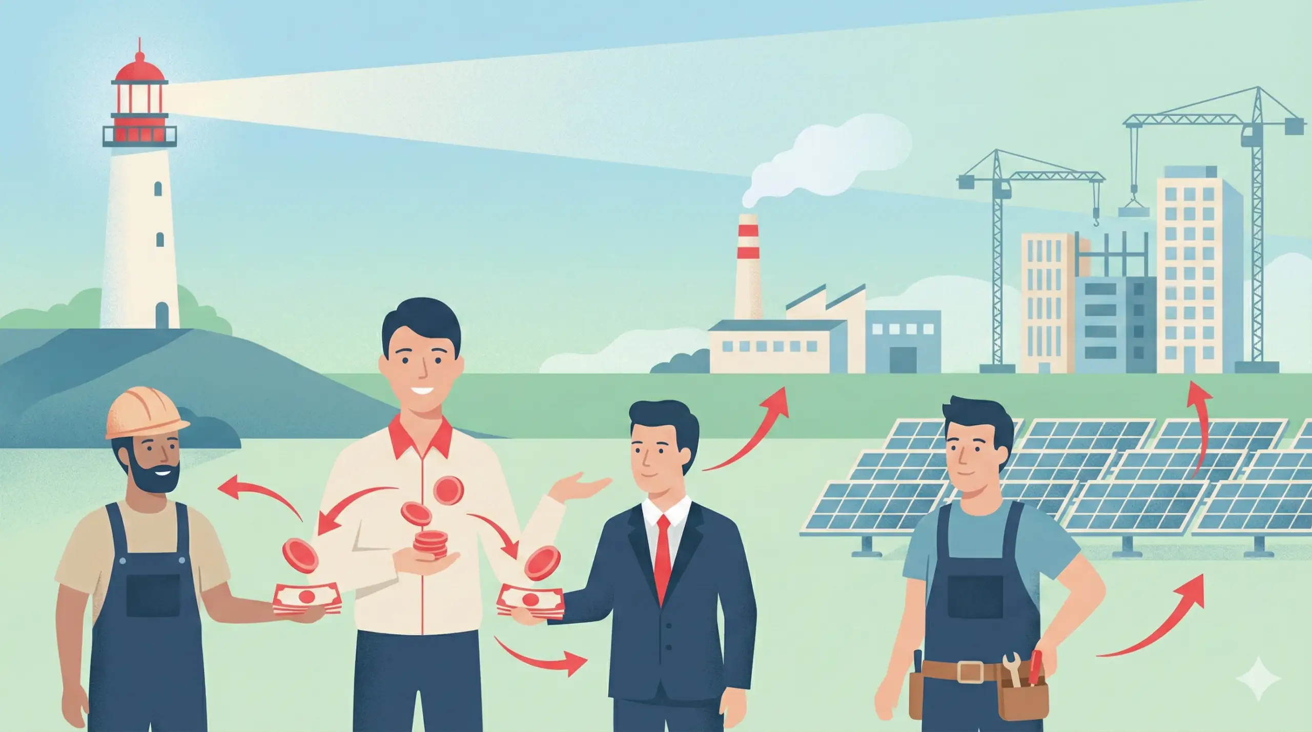 Illustration flat design représentant le concept du crowdlending : un investisseur distribue des fonds directement à des professionnels du bâtiment, de l'industrie et de l'énergie verte (panneaux photovoltaïques).