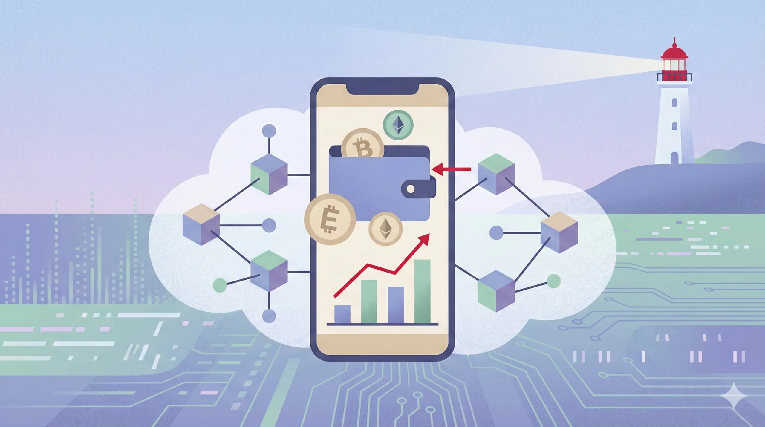 Illustration flat design du concept de cryptomonnaie : un portefeuille numérique sur smartphone, des icônes de crypto-actifs et une blockchain en arrière-plan.