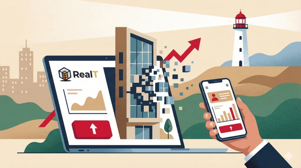 Illustration flat design représentant l'investissement immobilier tokenisé sur un écran d'ordinateur affichant le logo RealT, accompagné d'un bâtiment se fragmentant en blocs numériques. Un phare blanc à lanterne rouge veille en arrière-plan, avec des accents rouges dynamisant les graphiques d'analyse.