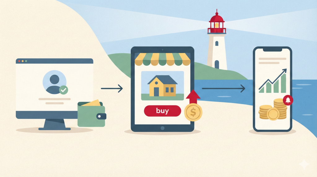 Illustration guide investissement RealT : personnage utilisant un ordinateur pour l'achat de tokens immobiliers, étapes de connexion wallet et phare rouge décoratif en arrière-plan..