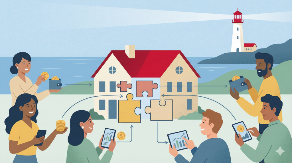 Illustration flat design immobilier fractionné RealT : maison divisée en pièces de puzzle symbolisant la tokenisation, investisseurs connectés.