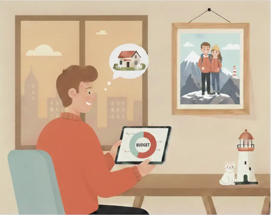 Homme utilisant un calculateur de budget sur tablette pour planifier une épargne immobilière.