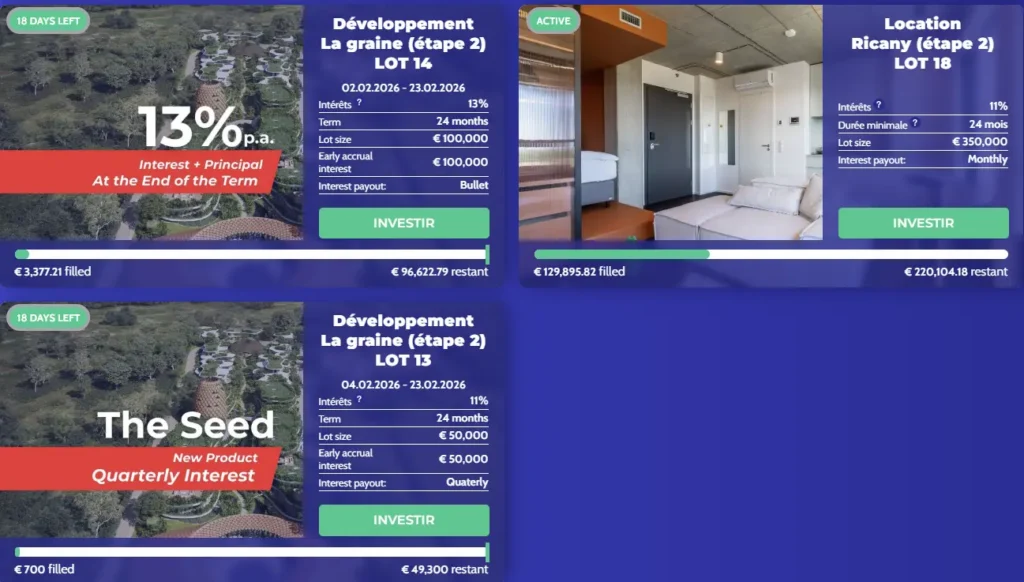 Capture d'écran de l'interface Fintown montrant trois opportunités d'investissement : un projet de développement "The Seed" à 13% (paiement fin de terme), le même projet à 11% (paiement trimestriel), et le projet locatif "Ricany" à 11% (paiement mensuel).