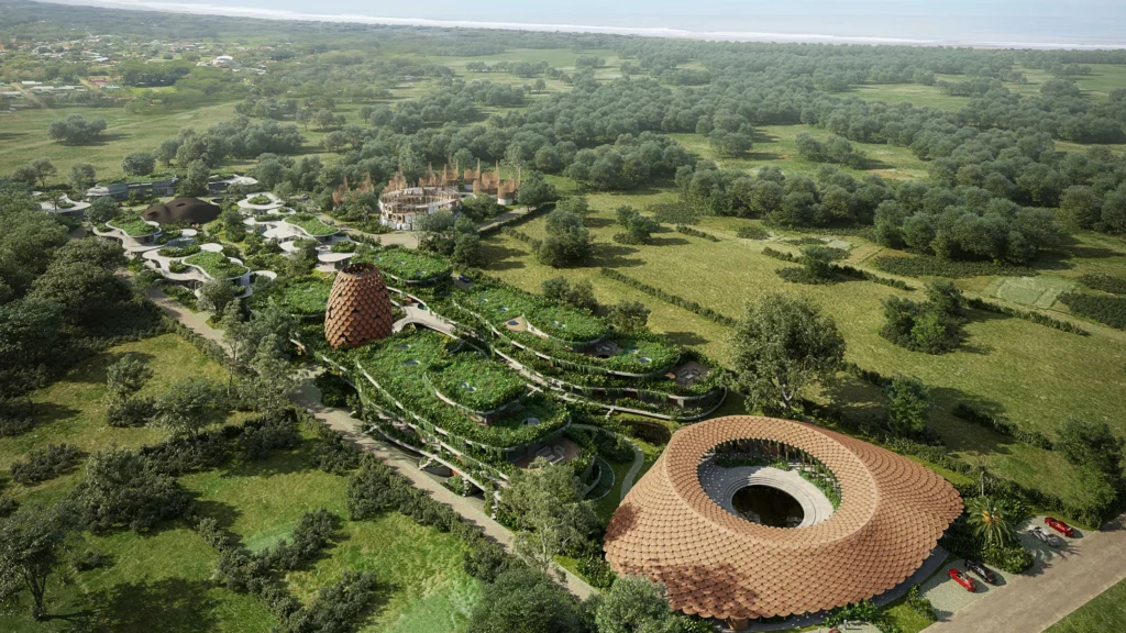 Vue aérienne du projet éco-village The Seed au Costa Rica, une opportunité d'investissement à haut rendement disponible sur Fintown.